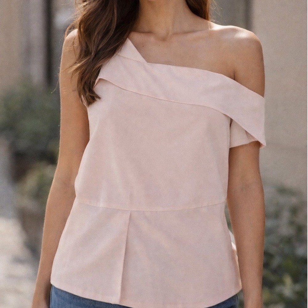 Naked Zebra Womens One Shoulder Blouse Pale Pink Asymmetrical Peplum Top S d3